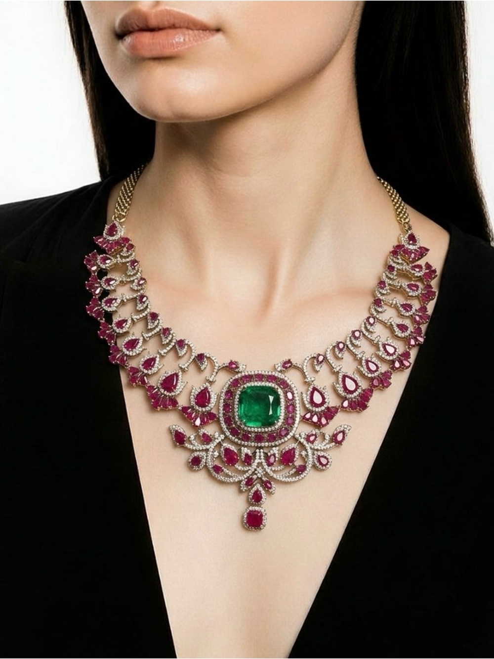 Gold-Tone Mint green & Ruby Statement Necklace - Luxury Women Jewelry